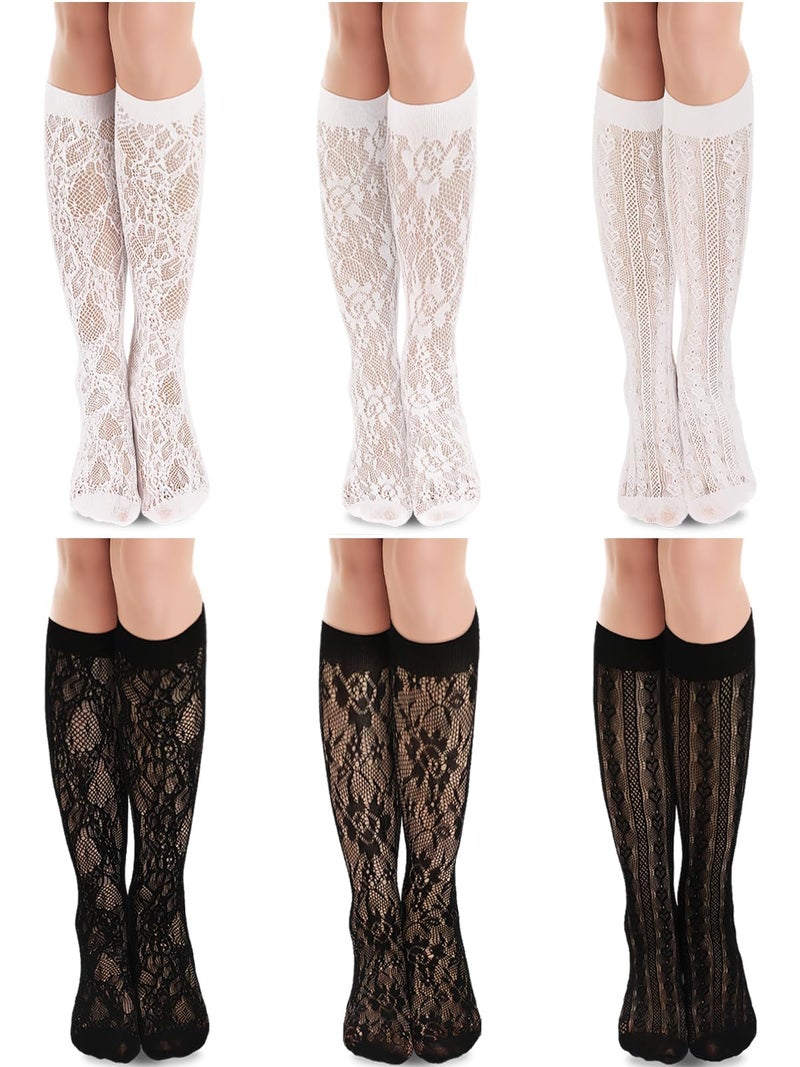 BOARDFEB 6 Pairs Women's Lace Fishnet Knee High Mesh Lace Loose High Sheer Slouch Socks, Medium - Image 1