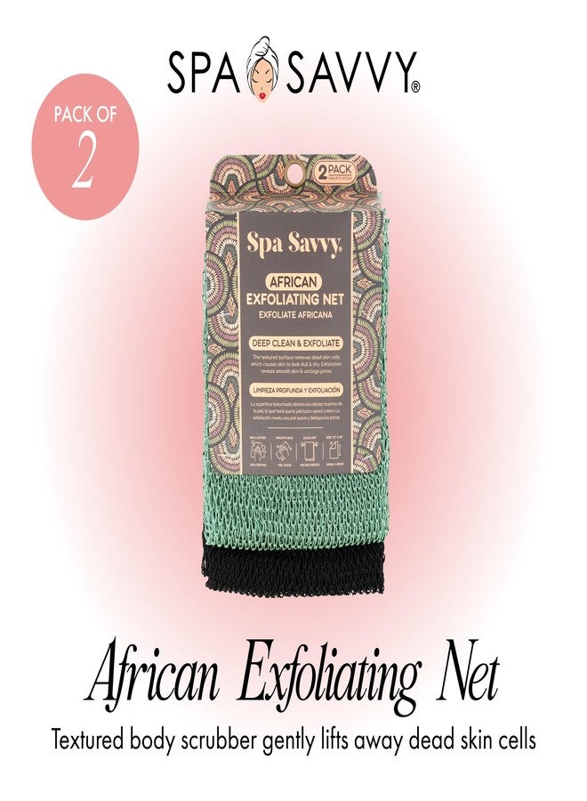 Spa Savvy African Net Sponge, 2 Pack Exfoliating Body Scrubber for Deep Cleansing and Smooth Skin, 12 x 32 Inch, Green and Black - Image 2