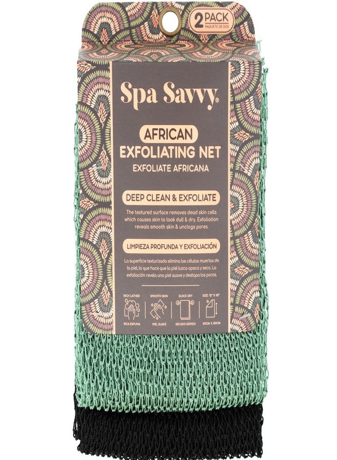 Spa Savvy African Net Sponge, 2 Pack Exfoliating Body Scrubber for Deep Cleansing and Smooth Skin, 12 x 32 Inch, Green and Black - Image 1
