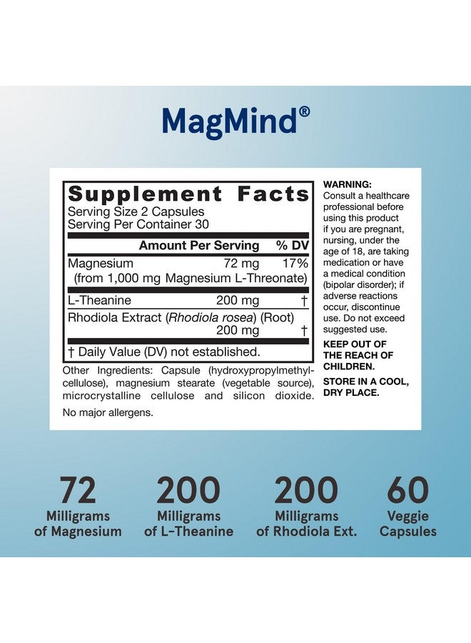 Jarrow Formulas MagMind Stress Resistance with Magtein 1g, L-Theanine and Rhodiolife, Dietary Supplement for Occasional Fatigue and Stress, 60 Veggie Capsules, 30 Day Supply - Image 3