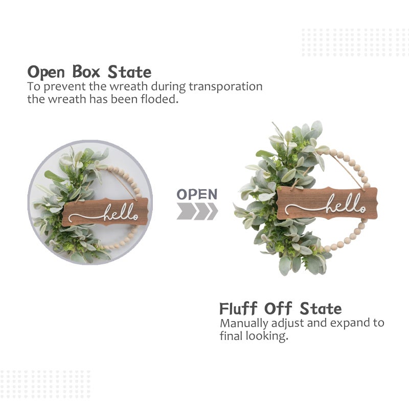 idyllic Green Wreath for Front Door, Wood Bead Wreaths with Artificial Lambs Ears Leaves, Hello and Welcome Door Sign Wreath for Home Decor, Spring Summer Green Leaf for Wedding Decor - Image 4