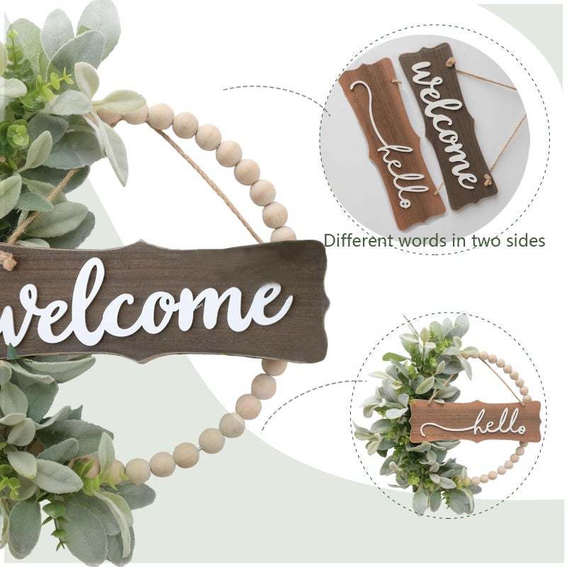 idyllic Green Wreath for Front Door, Wood Bead Wreaths with Artificial Lambs Ears Leaves, Hello and Welcome Door Sign Wreath for Home Decor, Spring Summer Green Leaf for Wedding Decor - Image 2