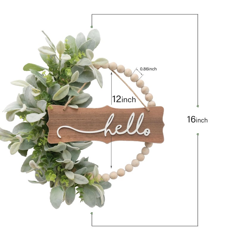 idyllic Green Wreath for Front Door, Wood Bead Wreaths with Artificial Lambs Ears Leaves, Hello and Welcome Door Sign Wreath for Home Decor, Spring Summer Green Leaf for Wedding Decor - Image 3