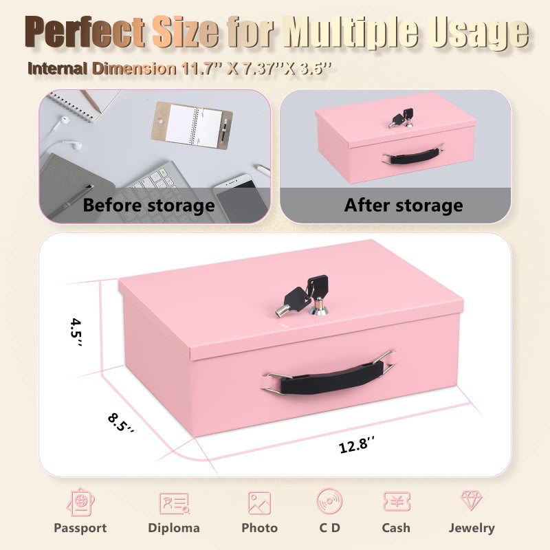 xydled Fire Resistant Safe Fire Safe Box with Key Lock for Home Office Security Storage for Valuables Documents,12.8 x 8.5 x 4.5 Inch,Pink - Image 4