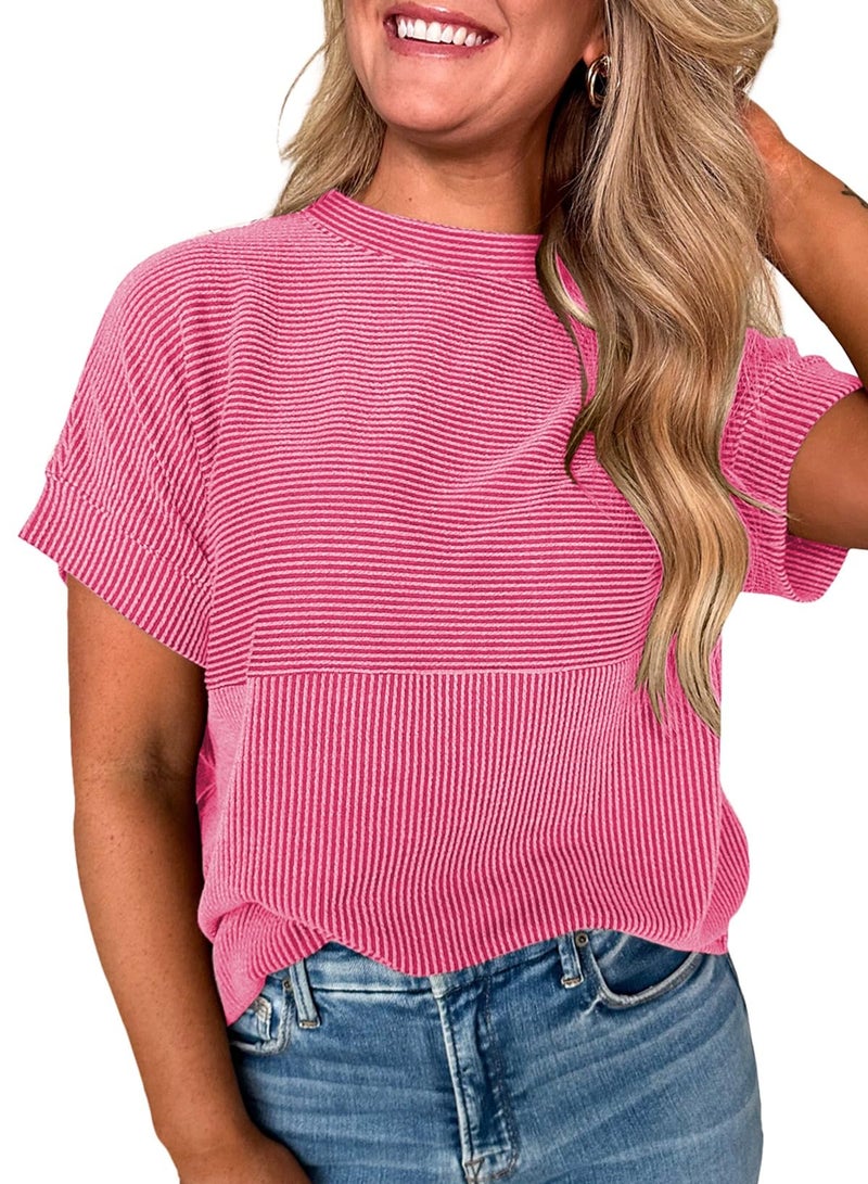 EVALESS Short Sleeve Shirts for Women Trendy Teacher Outfits Ribbed Knit Striped Womens Tops Casual Spring Summer Tops Cute Crewneck Loose Fit Patchwork T Shirts Bright Pink Large - Image 1