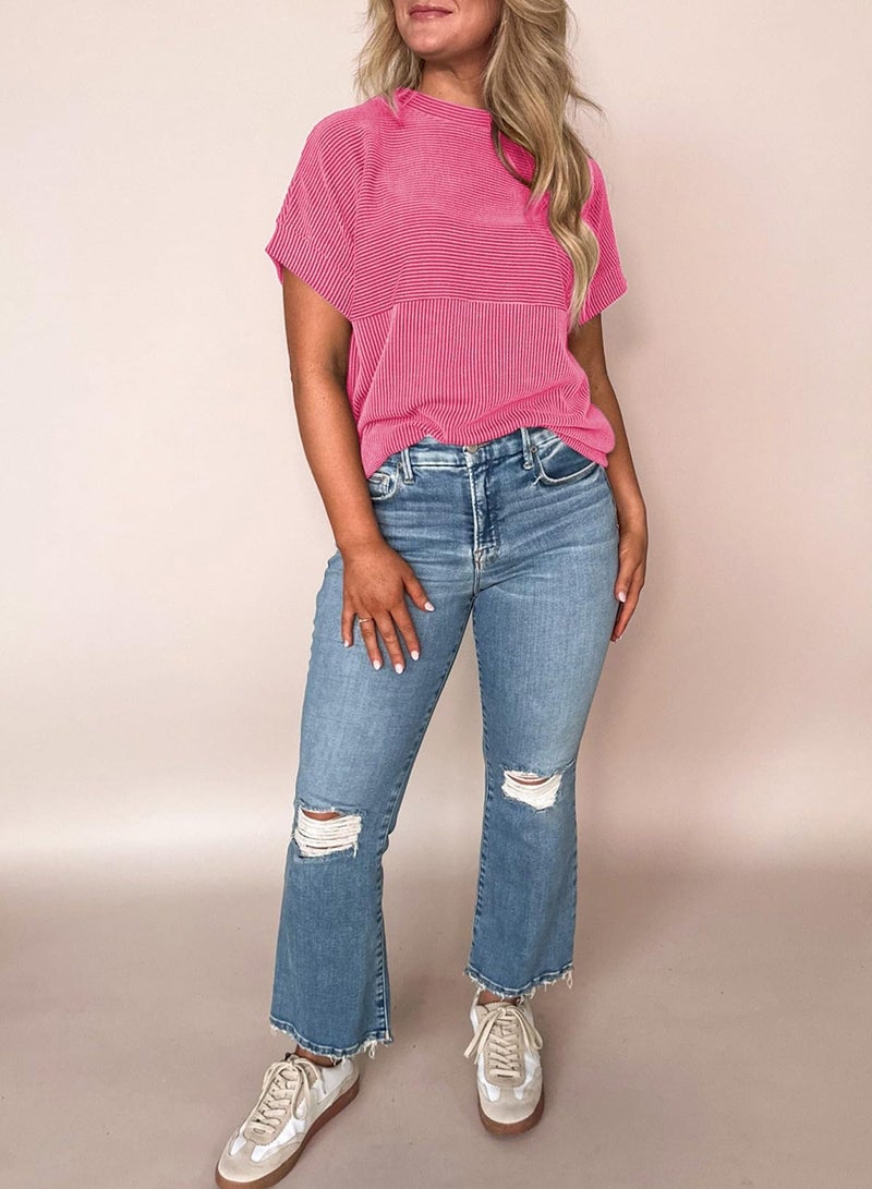 EVALESS Short Sleeve Shirts for Women Trendy Teacher Outfits Ribbed Knit Striped Womens Tops Casual Spring Summer Tops Cute Crewneck Loose Fit Patchwork T Shirts Bright Pink Large - Image 5