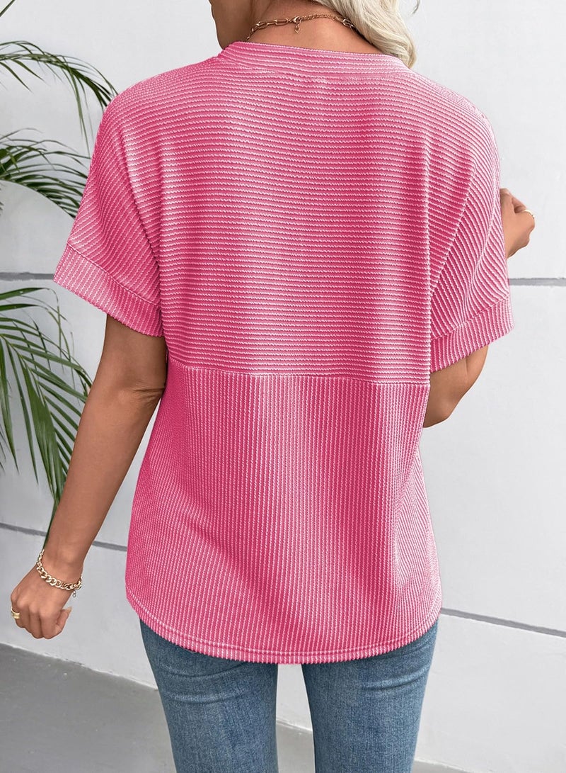 EVALESS Short Sleeve Shirts for Women Trendy Teacher Outfits Ribbed Knit Striped Womens Tops Casual Spring Summer Tops Cute Crewneck Loose Fit Patchwork T Shirts Bright Pink Large - Image 3