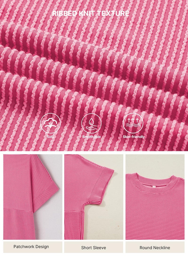 EVALESS Short Sleeve Shirts for Women Trendy Teacher Outfits Ribbed Knit Striped Womens Tops Casual Spring Summer Tops Cute Crewneck Loose Fit Patchwork T Shirts Bright Pink Large - Image 4