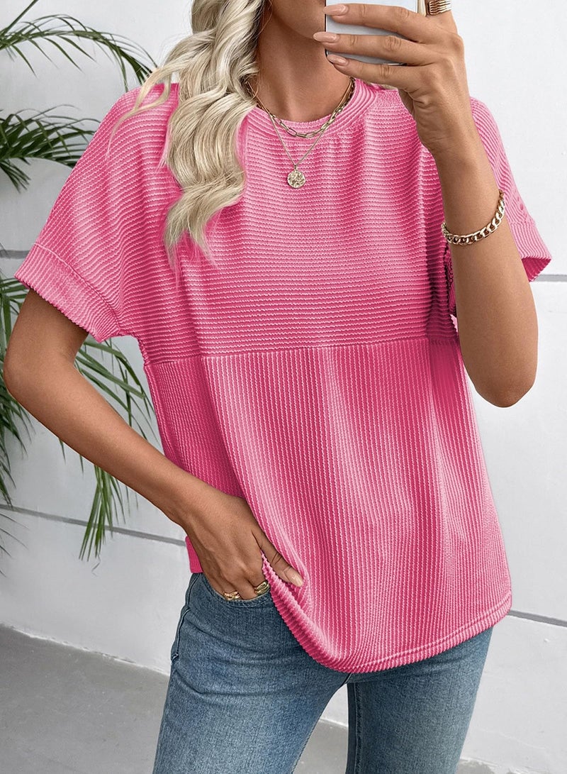 EVALESS Short Sleeve Shirts for Women Trendy Teacher Outfits Ribbed Knit Striped Womens Tops Casual Spring Summer Tops Cute Crewneck Loose Fit Patchwork T Shirts Bright Pink Large - Image 2