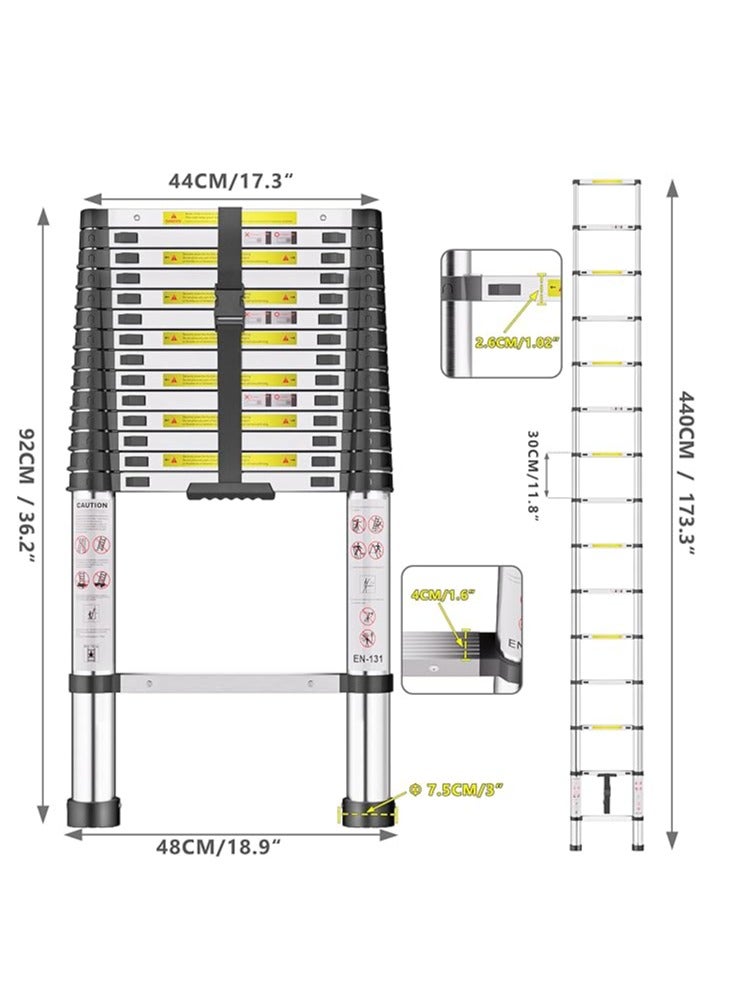 Telescopic Ladder, 4.4M Stainless Steel Thickened High-Strength Ladder, Loft Ladder with Non-Slip Feet, Portable Ladders Extendable, Adjustable Height Folding Ladder for Roof Attic Caravans - Image 2