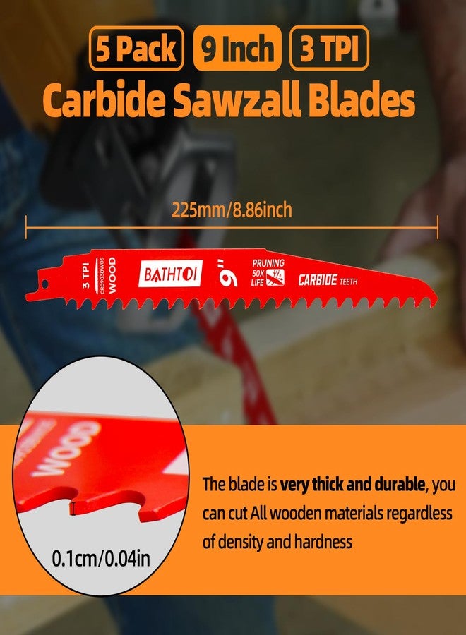BATHTOI 5 Pack 9 Inch 3 Tpi Carbide Reciprocating Saw Blades for Wood Cutting and Tree Trimming, Pruning Sawzall Blades with Carbide Tipped Teeth for Longer Life and Faster Cutting Speed - Image 5