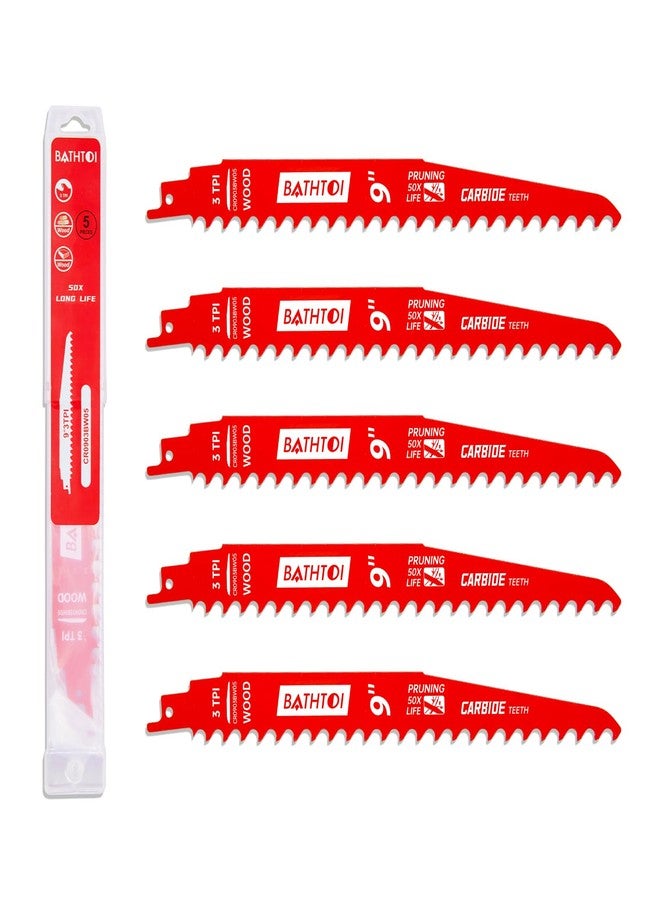 BATHTOI 5 Pack 9 Inch 3 Tpi Carbide Reciprocating Saw Blades for Wood Cutting and Tree Trimming, Pruning Sawzall Blades with Carbide Tipped Teeth for Longer Life and Faster Cutting Speed - Image 1