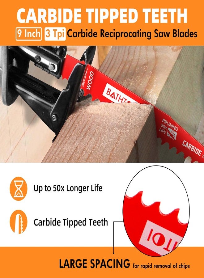 BATHTOI 5 Pack 9 Inch 3 Tpi Carbide Reciprocating Saw Blades for Wood Cutting and Tree Trimming, Pruning Sawzall Blades with Carbide Tipped Teeth for Longer Life and Faster Cutting Speed - Image 2