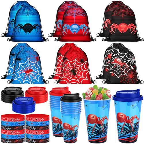 Potchen 48 Pcs Spider Party Favors Spiderweb Birthday Party Supplies Hero Decorations for Guests Including Drawstring Gift Bags Cups and Wristbands for Christmas Birthday Gift Favors - Image 1