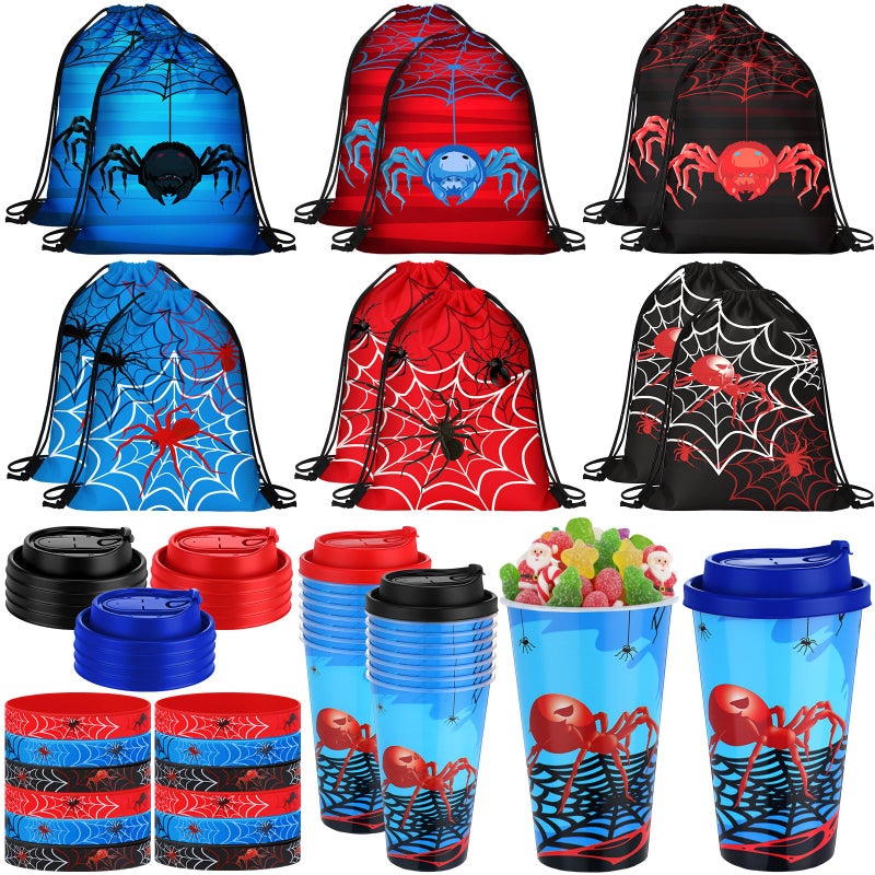 Potchen 48 Pcs Spider Party Favors Spiderweb Birthday Party Supplies Hero Decorations for Guests Including Drawstring Gift Bags Cups and Wristbands for Christmas Birthday Gift Favors - Image 3