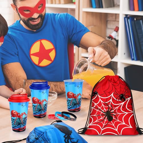 Potchen 48 Pcs Spider Party Favors Spiderweb Birthday Party Supplies Hero Decorations for Guests Including Drawstring Gift Bags Cups and Wristbands for Christmas Birthday Gift Favors - Image 5