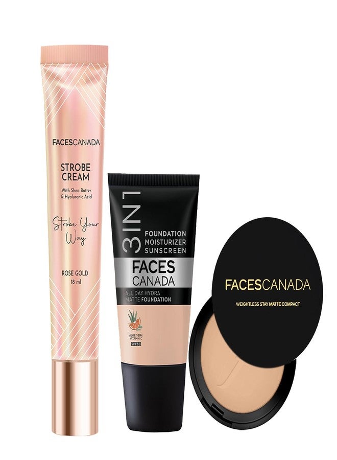 فاسيسكانادا مجموعة فيسز كندا للمكياج اليومي - كريم ستروب - ذهبي وردي (18 مل) + بودرة مضغوطة خفيفة الوزن غير لامعة - بيج 03 (9 جم) - كريم أساس هيدرا مات - وردي عاجي 011 (18 مل) | قاعدة مكياج مضيئة ومتألقة | ثبات يدوم 10 ساعات - Image 1