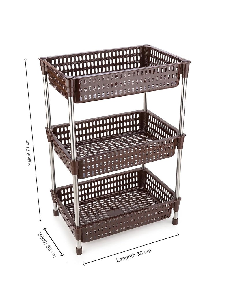 SHRUTI PlasticStainless Steel Fruit Vegetable 4 Stand Kitchen Trolley Fruit Basket Vegetable Basket Onion Potato aloo pyaz Rack for Kitchen Vegetable Stand for Kitchen 3 Layer Brown - Image 2