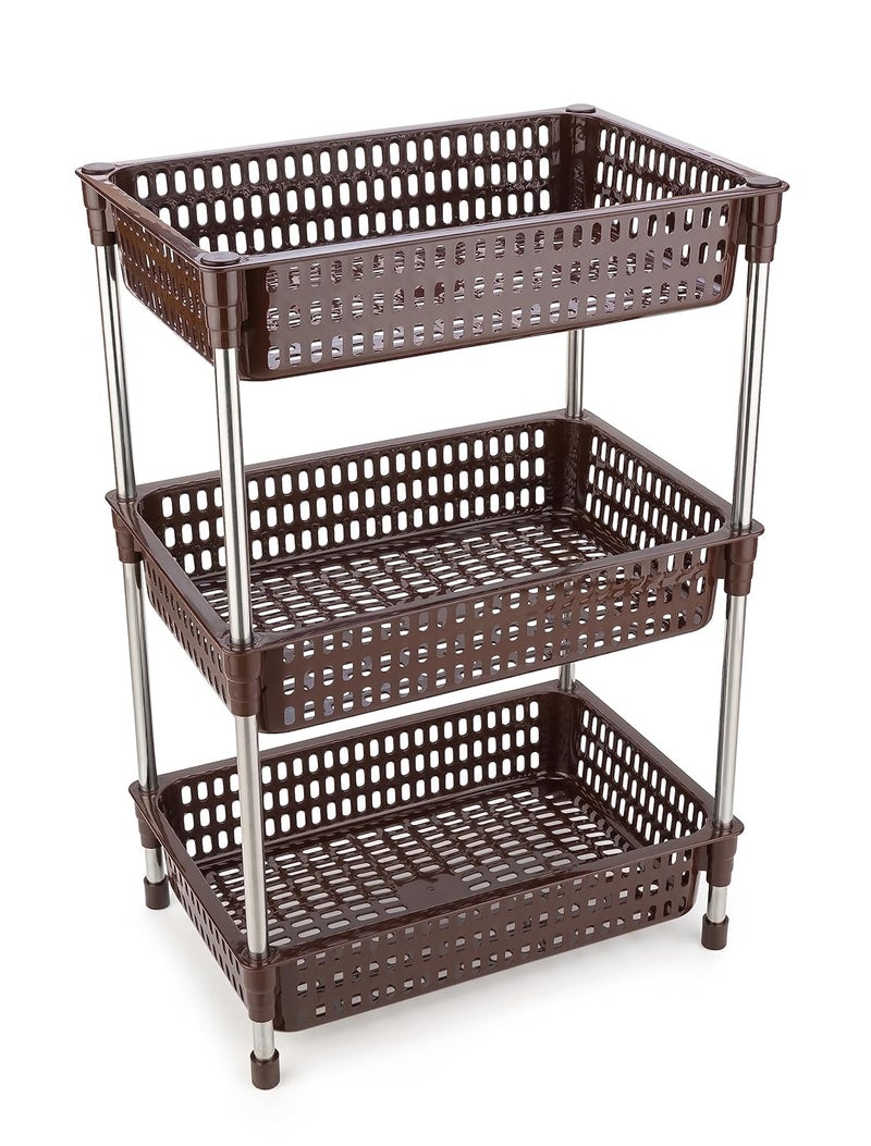 SHRUTI PlasticStainless Steel Fruit Vegetable 4 Stand Kitchen Trolley Fruit Basket Vegetable Basket Onion Potato aloo pyaz Rack for Kitchen Vegetable Stand for Kitchen 3 Layer Brown - Image 1