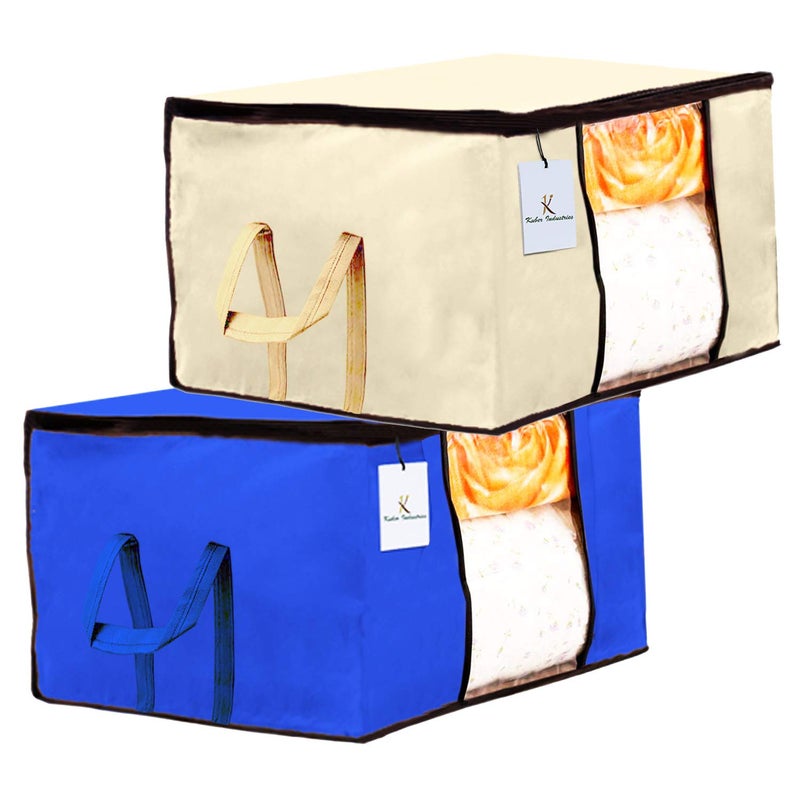 Kuber Industries Underbed Storage Bag Storage Organiser Blanket Cover Set of 2 IvoryRoyal Blue Extra Large Size - Image 1