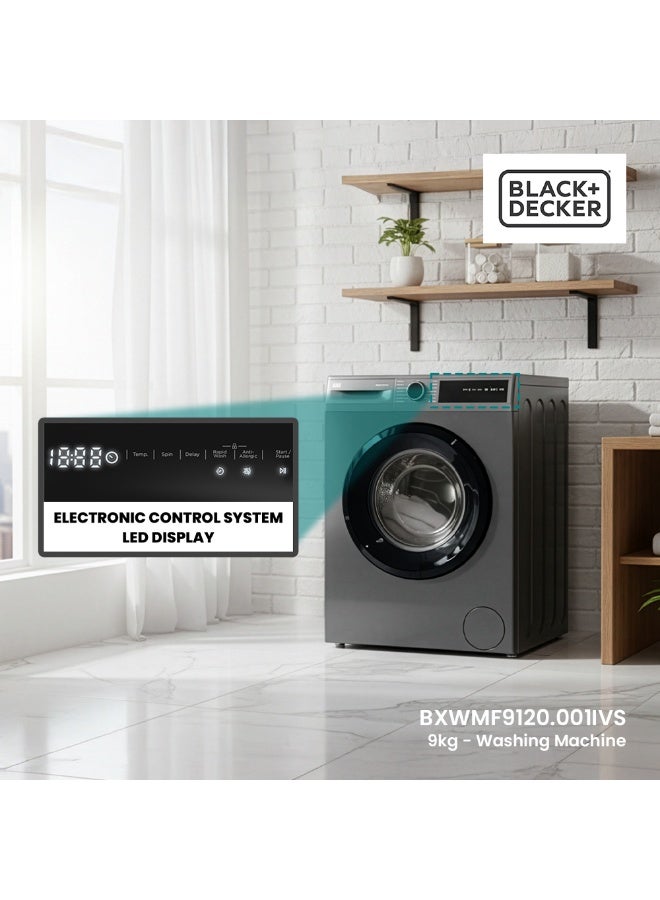 BLACK+DECKER 9kg Front Load Washing Machine, Inverter Motor, 1200 RPM, 15 Programs, LED Display, Child Lock 9 kg 2200 W BXWMF9120.001IVS Dark Grey - Image 2