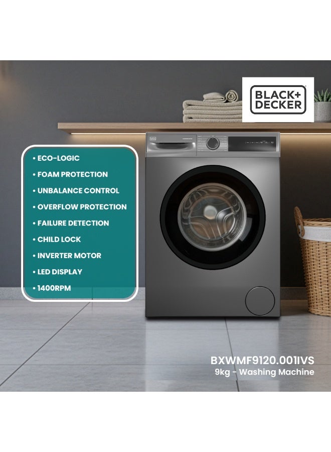BLACK+DECKER 9kg Front Load Washing Machine, Inverter Motor, 1200 RPM, 15 Programs, LED Display, Child Lock 9 kg 2200 W BXWMF9120.001IVS Dark Grey - Image 3