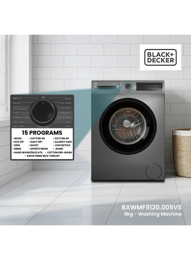 BLACK+DECKER 9kg Front Load Washing Machine, Inverter Motor, 1200 RPM, 15 Programs, LED Display, Child Lock 9 kg 2200 W BXWMF9120.001IVS Dark Grey - Image 5