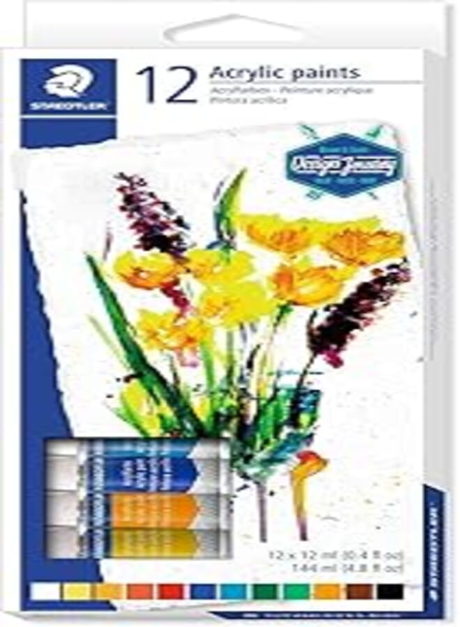 STAEDTLER ardboard box containing 12 acrylic paints in assorted colours