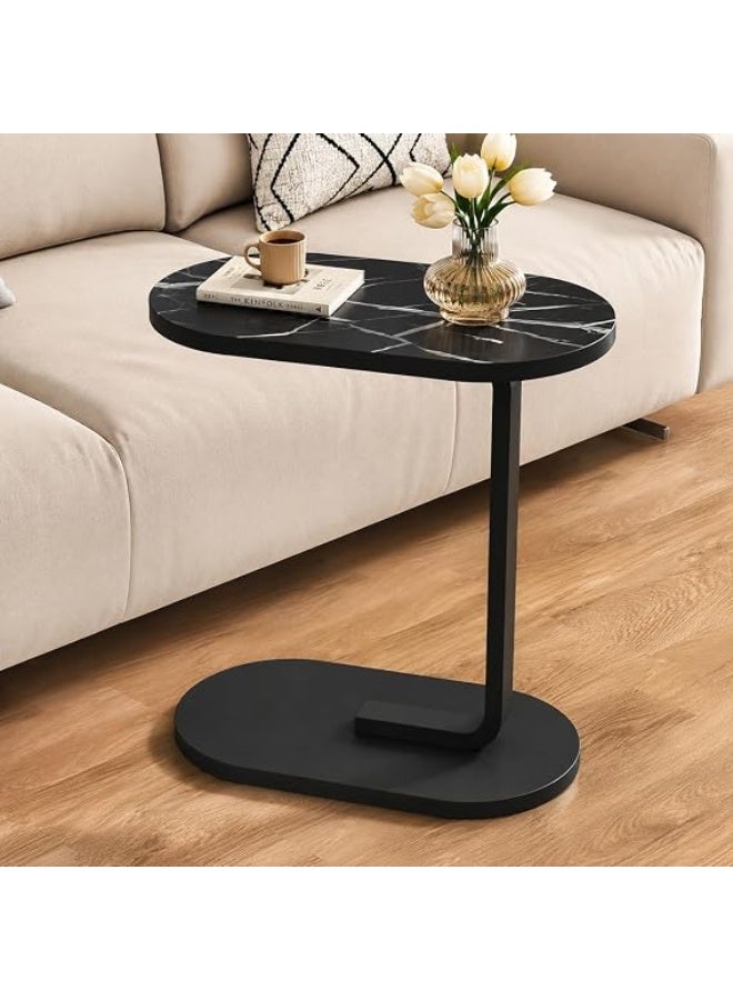 Modern Side Coffee Table Compact Living Room Accent Furniture Wooden Top Metal Stand Sofa Bedside Snack Laptop Holder Minimal Design Space Saving Home Decor Use (Marble Black) - Image 1