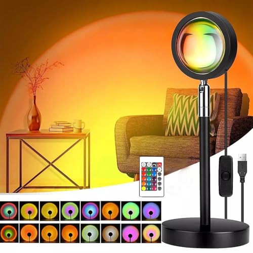 GIGAWATTS Sunset Lamp 16 Colour Changing Projection Lamps 360° Rotation Romantic Sunlight Rainbow Night Light for Bedroom Party Photography Adults Children with Remote (Pack of 1, Multicolor) - Image 1