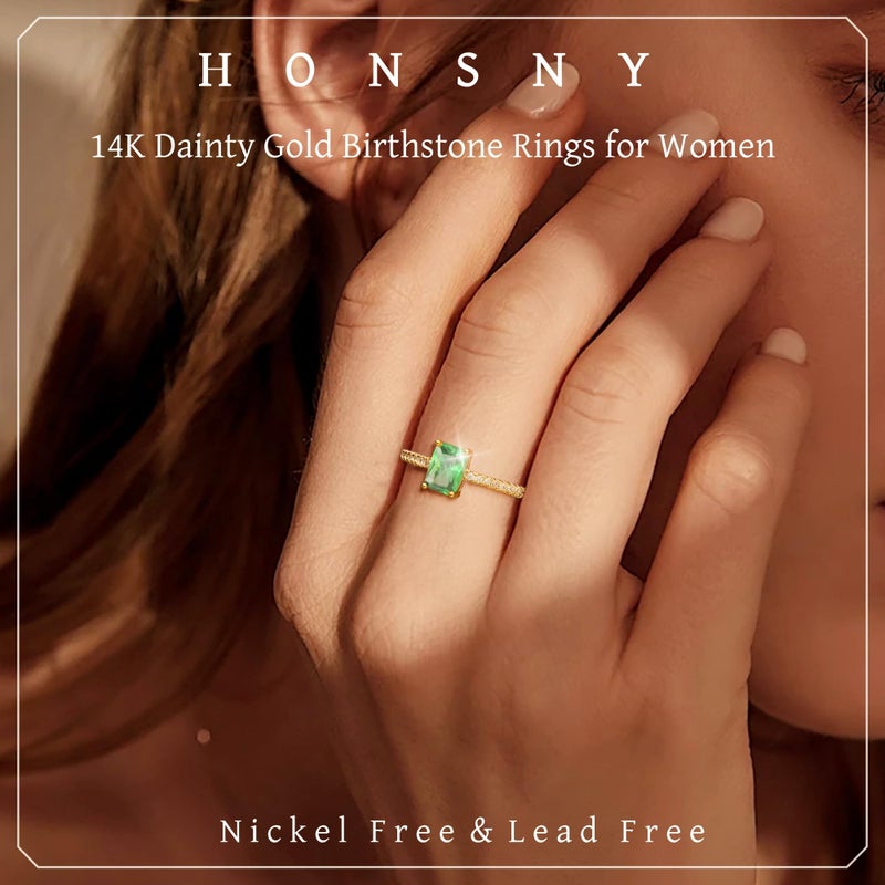 Honsny Gold Birthstone Rings for Women Non Tarnish 14K Gold Plated Stackable Emerald Wedding Engagement Promise Rings for Women Cubic Zirconia Gemstone Pinky Eternity Gold Band Ring Jewelry Gifts - Image 2