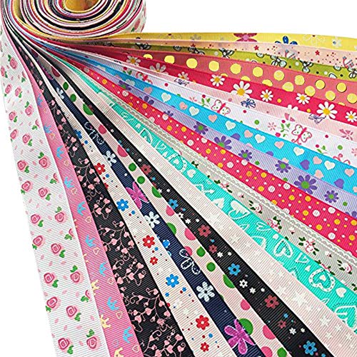 Dandan DIY Assorted 20 Yards Grosgrain Ribbon Bow Daisy Butterfly Cake Love Heart Dots Flower Rose Smile Face Craft DIY Packing Hair Bow Accessory - Image 1