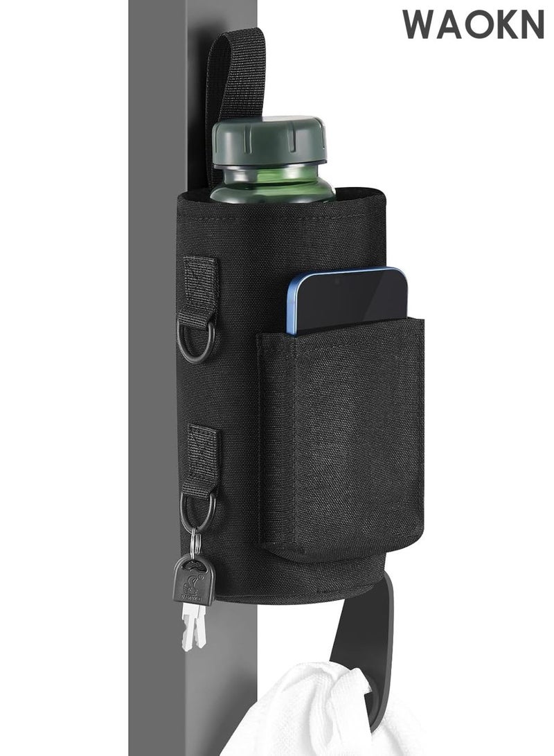 WAOKN Magnetic Water Bottle Holder Gym Water Bottle Carrier Bag with Phone Pocket Water Bottle Pouch Sleeve with Silicone Towel Buckle and Sling for Men Women Gym Accessories Organizer for Gym, Travel-Equipped with 6 magnets and silicone buckle（Black） - Image 1