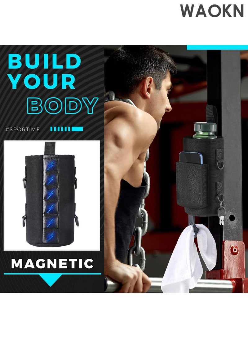 WAOKN Magnetic Water Bottle Holder Gym Water Bottle Carrier Bag with Phone Pocket Water Bottle Pouch Sleeve with Silicone Towel Buckle and Sling for Men Women Gym Accessories Organizer for Gym, Travel-Equipped with 6 magnets and silicone buckle（Black） - Image 5