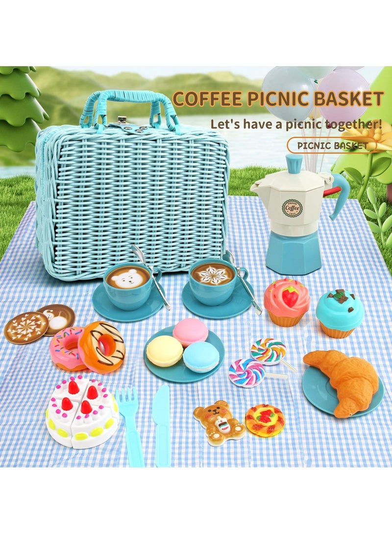 30 Pcs Kids Picnic Basket,Toy Food for Toddlers, Play Food Sets for Kids Kitchen Role Playset with Carry Case Fake Food Cake Dessert Play Kitchen Accessories, Birthday for Toddler Girls Boys - Image 1