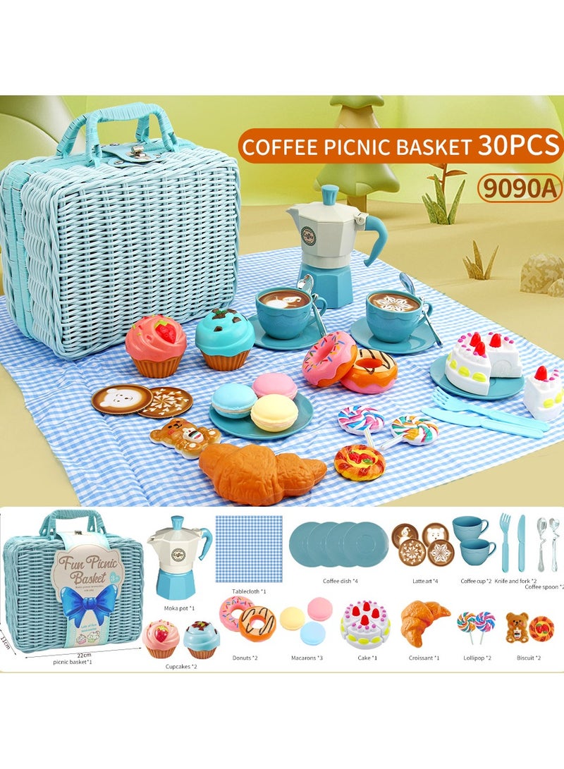 30 Pcs Kids Picnic Basket,Toy Food for Toddlers, Play Food Sets for Kids Kitchen Role Playset with Carry Case Fake Food Cake Dessert Play Kitchen Accessories, Birthday for Toddler Girls Boys - Image 3