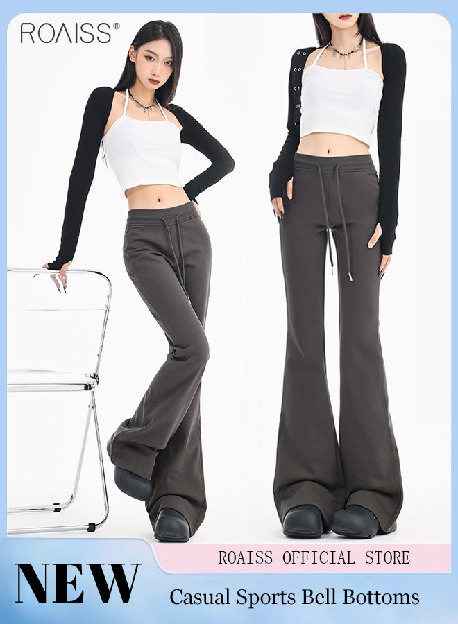 roaiss Casual Retro Flare Pants Women'S Daily Versatile Sports Pants Elastic Waist Drawstring Design Sports Pants - Image 2