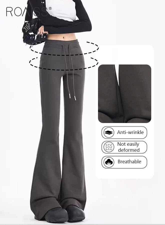 roaiss Casual Retro Flare Pants Women'S Daily Versatile Sports Pants Elastic Waist Drawstring Design Sports Pants - Image 1