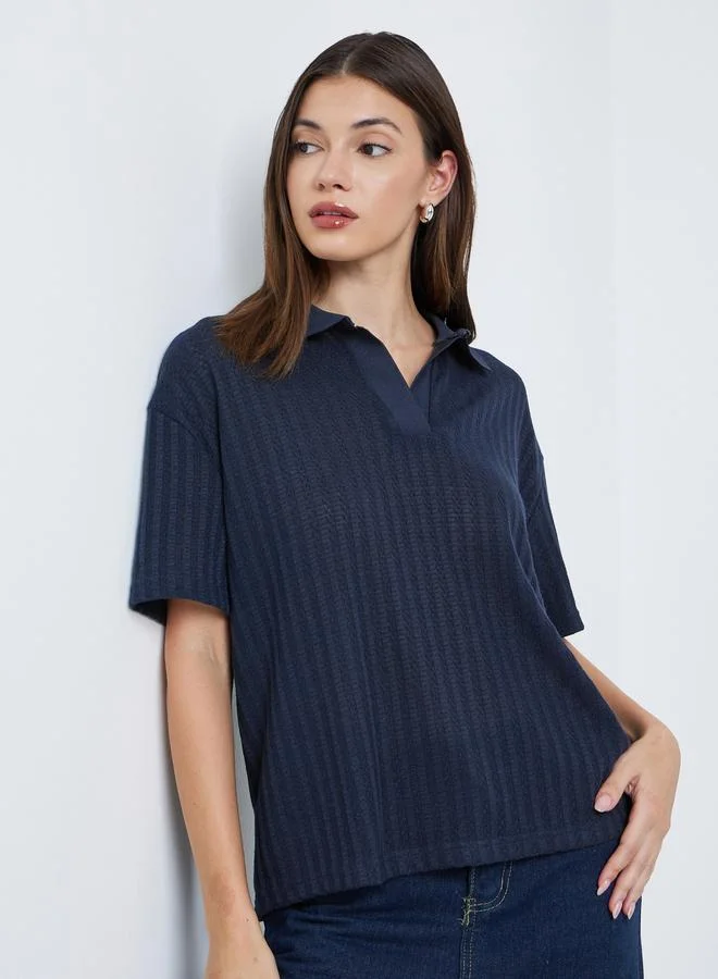 Styli Styli Navy Blue Textured Knit Polo T-Shirt