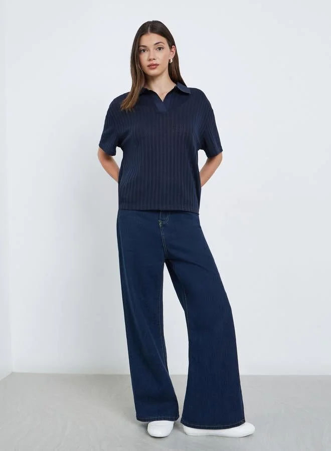 Styli Styli Navy Blue Textured Knit Polo T-Shirt