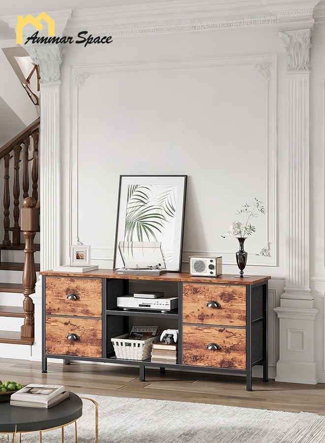 مساحة عمار طاولة تلفزيون مناسبة لتلفزيون 55 بوصة، وحدة ترفيهية ريفية مع مساحة تخزين، أرفف مفتوحة ودرج قماشي، وحدة وسائط متعددة لغرفة المعيشة أو غرفة النوم، بني، 120×30×55 سم - Image 2