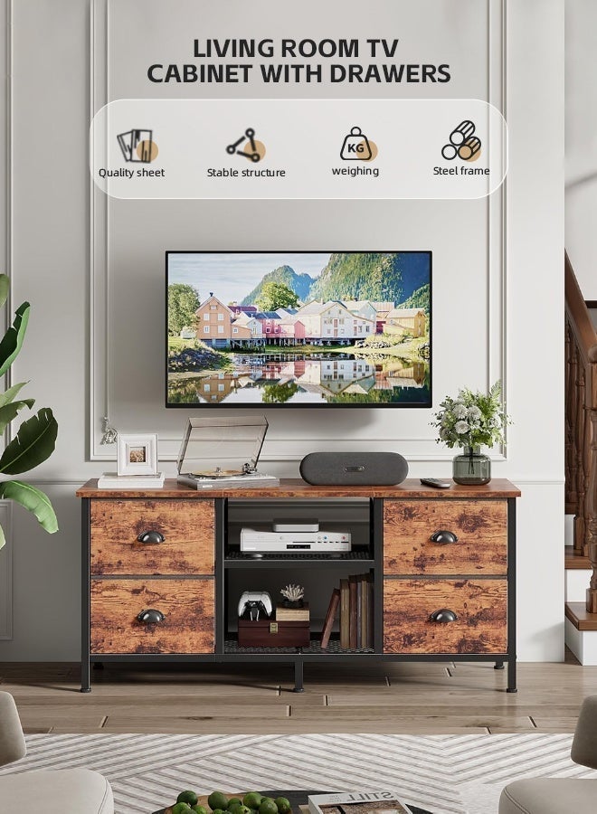 مساحة عمار حامل تلفزيون خشبي 120×30×55 سم، خزانة تلفزيون بأربعة أدراج ورفوف مفتوحة، طاولة وحدة وسائط متعددة، خزانة تخزين لغرفة المعيشة أو غرفة النوم، بني ريفي - Image 3
