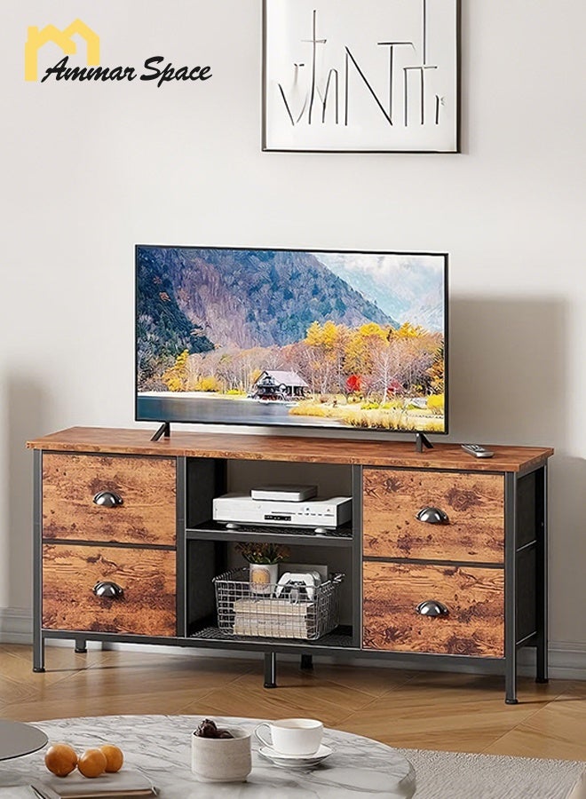 Ammar Space Wooden TV Stand 120x30x55cm, TV Cabinet with 4 Drawers & Open Shelves, Entertainment Center Media Console Table, Storage Cabinet for Living Room Bedroom, Rustic Brown - Image 1