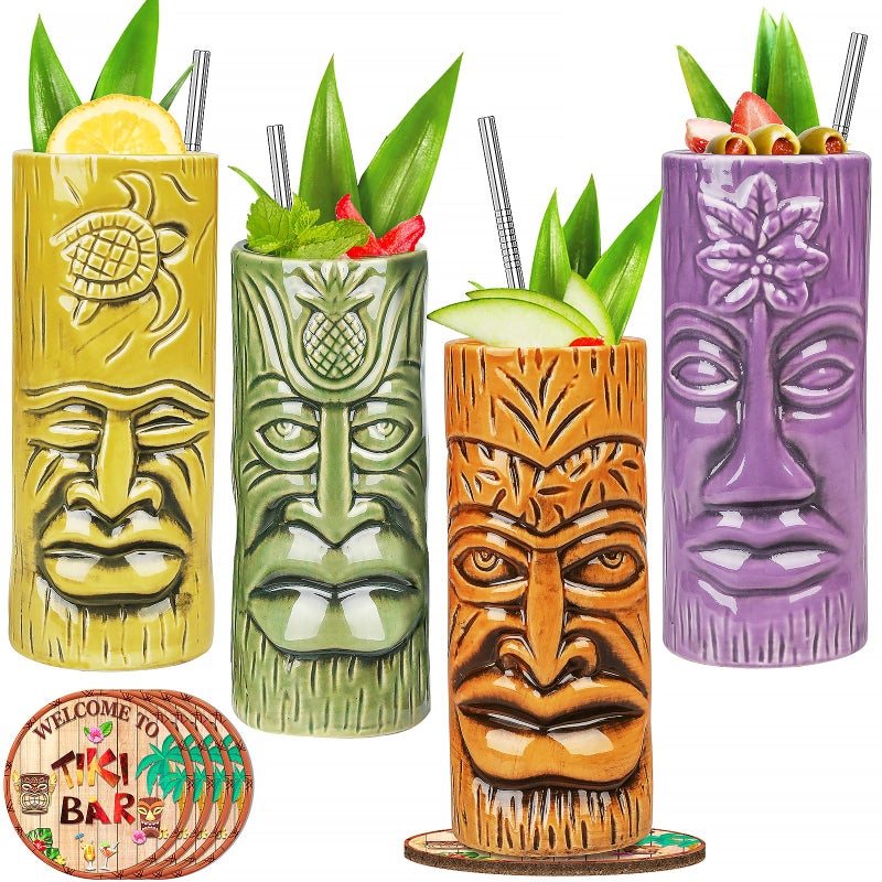 Tiki Mugs Set of 4  Exotic Cocktail Glasses Hawaiian Party Drinking Tumbler Cups with Coaster and Straws for Mai Tai Pina Colada Tiki Bar