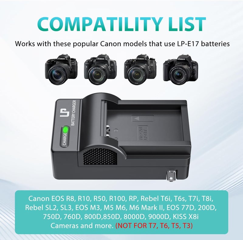 L & P -E17 Battery Charger, Charger Compatible with Canon EOS Rebel T7i, T6i, T6s, SL3, SL2, 77D, 9000D, 8000D, 800D, 760D, 750D, 200D, M6, M5, M3, Kiss X8i DSLR Cameras & More(NOT for T7, T6, T5, T3) - Image 3