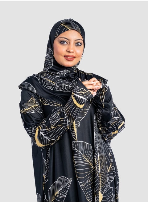 عباية نسائية تصميم اوراق شجر - فضفاضة واسعة - مع حجاب