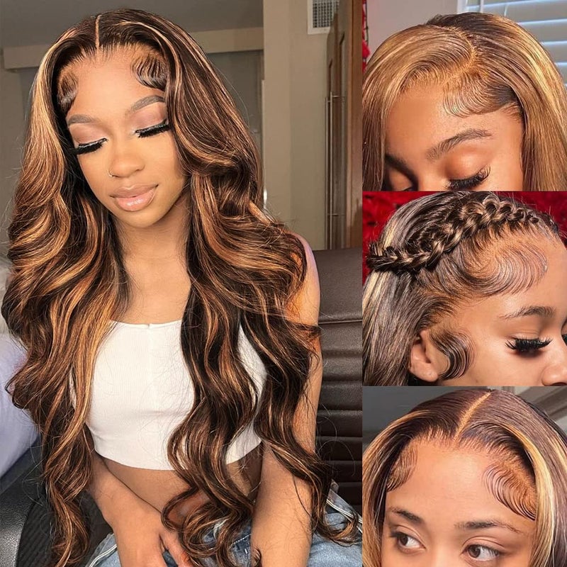 Loyom Highlight Ombre Lace Front Wig Human Hair Pre Plucked 13x4 HD Transparent Body Wave Lace Front Wigs Human Hair with Baby Hair 200 Density 4/27 Honey Blonde Lace Front Wig Human Hair 22 Inch - Image 2