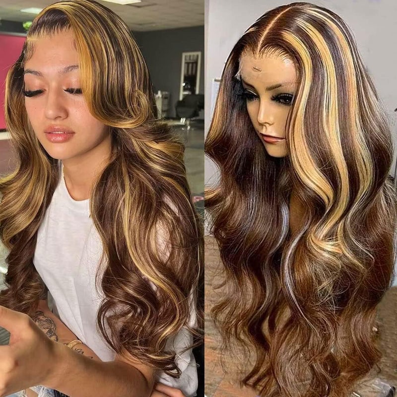 Loyom Highlight Ombre Lace Front Wig Human Hair Pre Plucked 13x4 HD Transparent Body Wave Lace Front Wigs Human Hair with Baby Hair 200 Density 4/27 Honey Blonde Lace Front Wig Human Hair 22 Inch - Image 1
