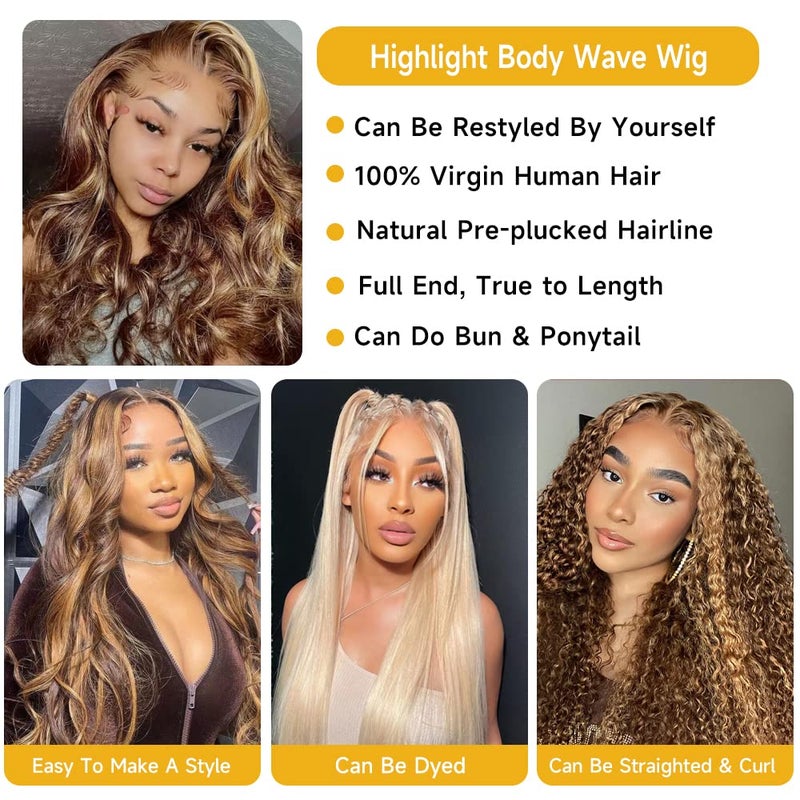 Loyom Highlight Ombre Lace Front Wig Human Hair Pre Plucked 13x4 HD Transparent Body Wave Lace Front Wigs Human Hair with Baby Hair 200 Density 4/27 Honey Blonde Lace Front Wig Human Hair 22 Inch - Image 4
