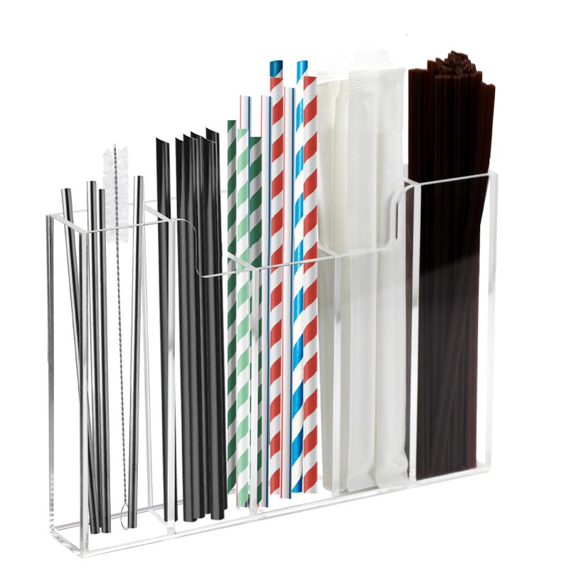Weiai Acrylic Straw Organizer Holder for Counter Cabinet, 5 Slot Straw Dispenser with 2 Installation Methods for Kitchen CafÃ© Bar, Clear - Image 1